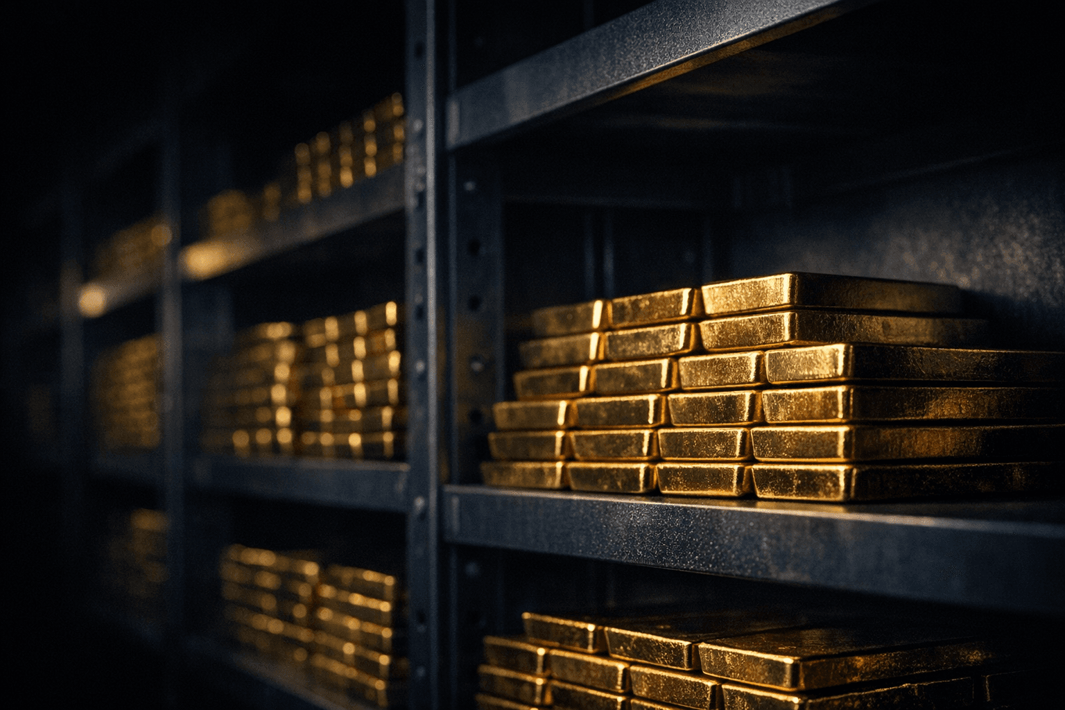Gold bars stacked individually on a steel shelf in a dimly lit vault aisle, warm light on the metal
