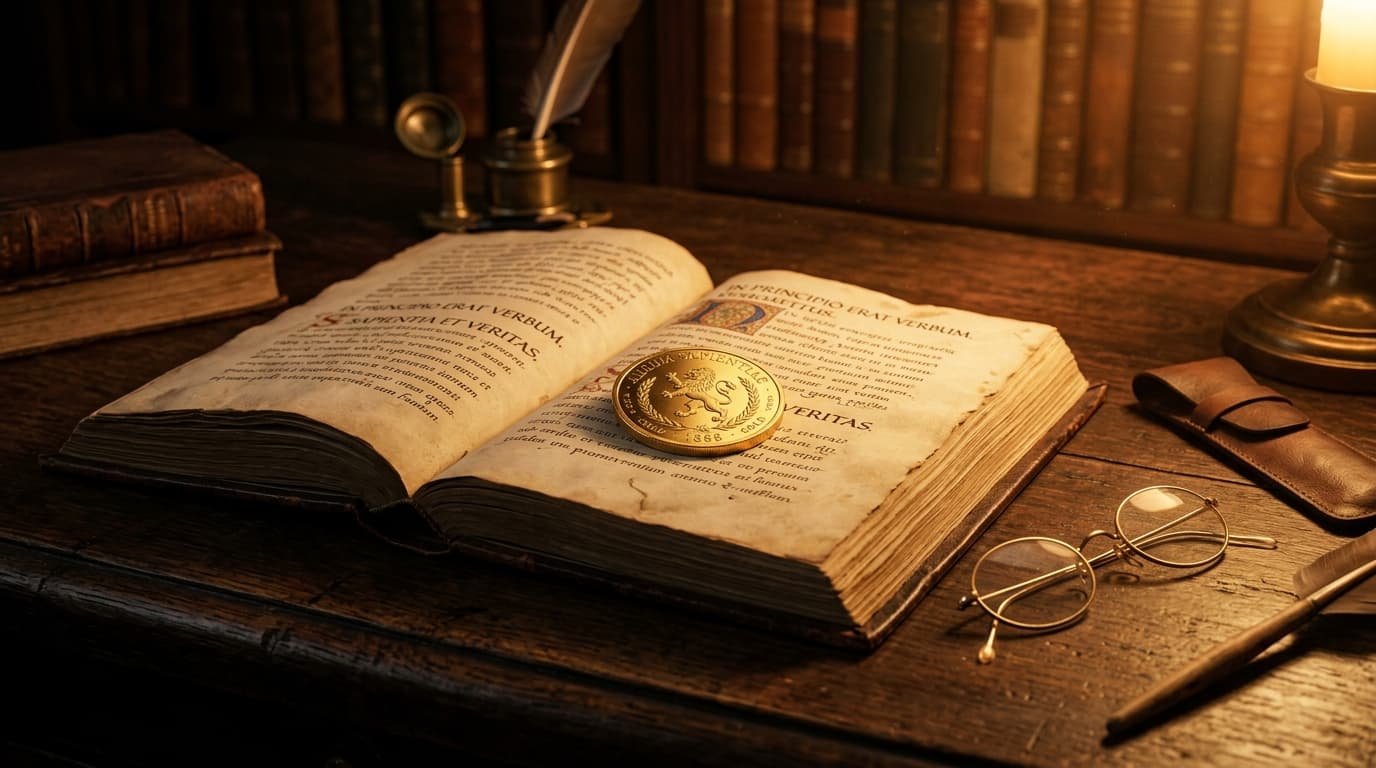 Otwarta stara księga i złota moneta na antycznym dębowym biurku, symbolizujące biblijne zasady mądrego zarządzania majątkiem i roztropność w finansach.